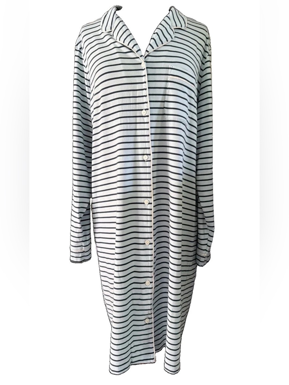 LL Bean Super Soft Shrink-Free Button Front Nightgown Aqua Blue Navy Stripe XL